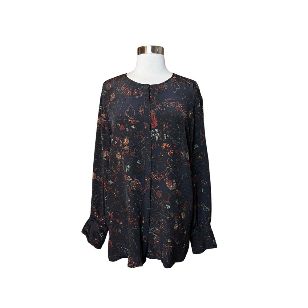Peruvian Connection Shirt Top Size XL Black Floral Print Silk Long Sleeve Blouse